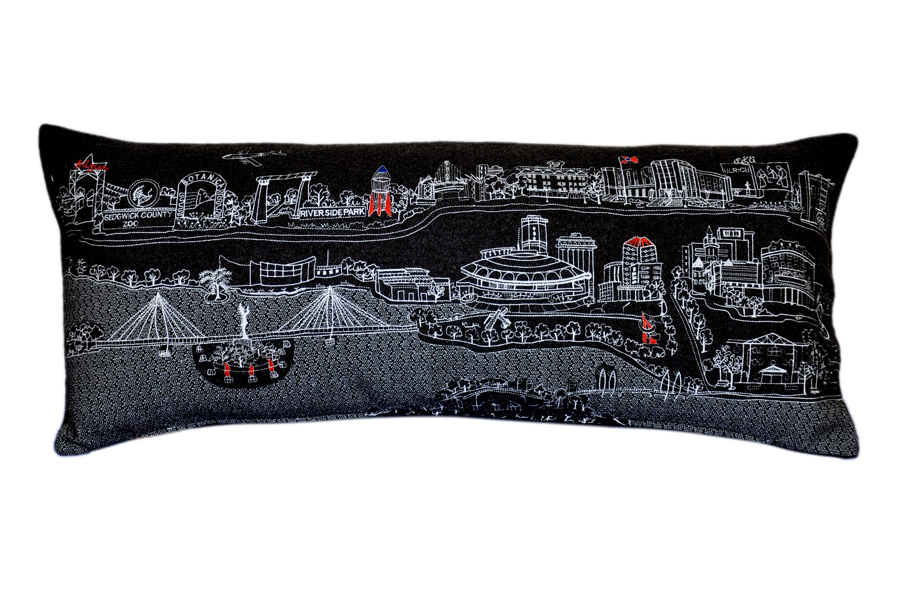 Wichita Pillow featuring a colorful cityscape design with landmarks like Keeper of the Plains and Sedgwick County Zoo.